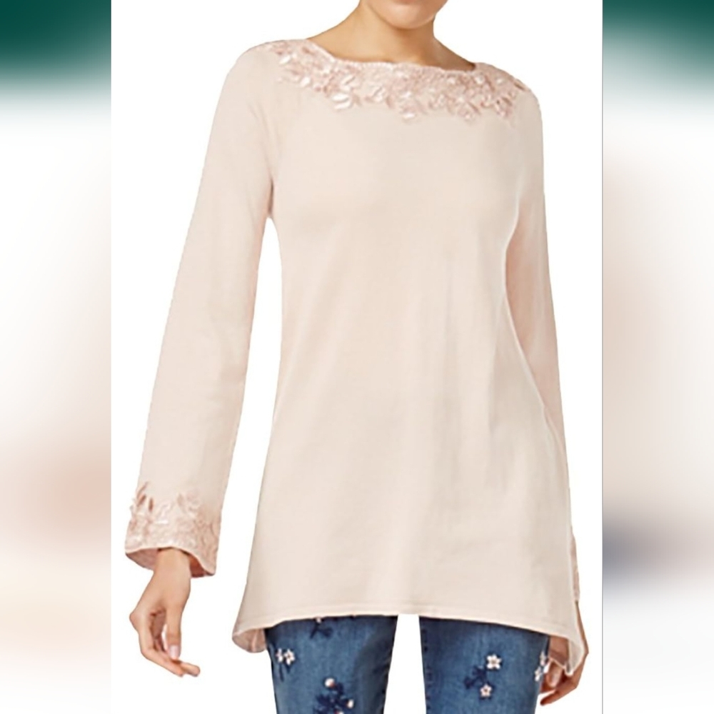 Style & Co Boatneck Lace Trim Pullover Long Sleeve Knit Tunic Top